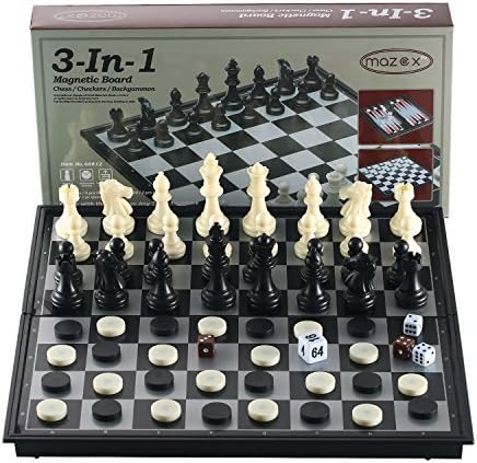 3-in-1 Folding Magnetic Travel Chess &amp; Checkers &amp; Backgammon Chess Set by MAZEX for Kids or Adults Chess Board Game (12.5X12.5X0.8Inch)