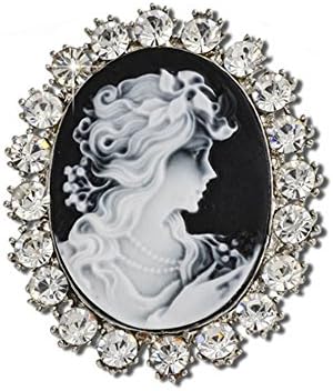 Polished Silver Colour Metal Cameo Style Brooch With Clear Crystals Imitation Pearls