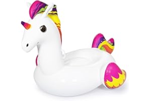 BESTWAY 41113 - Unicornio de Fantasía Hinchable 224x164 cm Para 1 Adulto Con Asas de Agarre Laterales Blanco con detalles Arcoíris Válvulas de Seguridad y Parche de Reparación