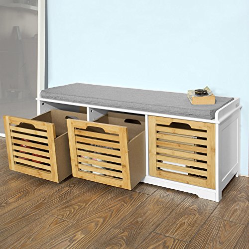 SoBuy® moderne Schuhtruhe,Sitzkommode mit 3 Körben,Sitzbank, Schuhschrank mit Sitzkissen,Spieltruhe, FSR23-WN - 2