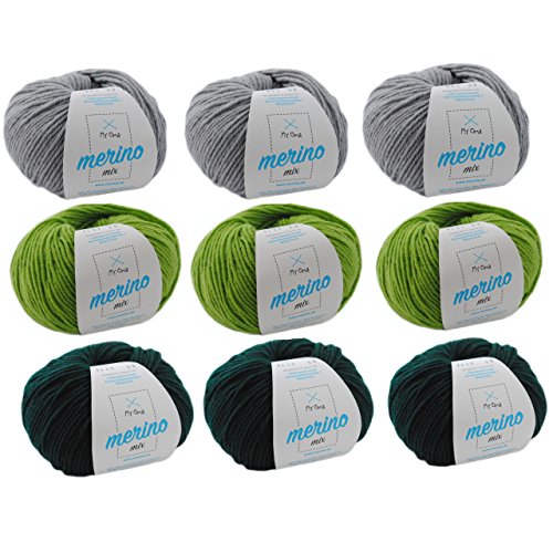 Wolle Set * Wollmix Berg und Tal XL * 9 Knäuel Merinowolle Merino Mix – 80% Merino Wolle – Merinowolle zum Stricken und Häkeln – 50g/125m – Wollset in Grün- und Grautönen inkl. GRATIS MyOma Label