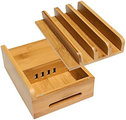 USB Charging Station, HomeXin 4 Ports Bamboo Multiple Devices Charging Stations and Cord Organizers Stand Docking Stations Holders for Smartphones, Tablets and Laptops