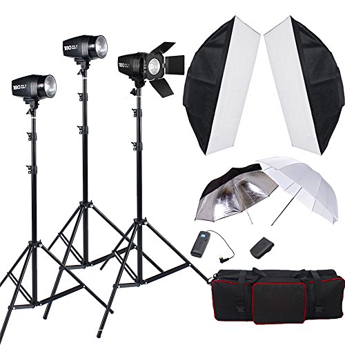 Pro 540W Studio Strobe Flash light kit 3*180 W Flashlight and 3 x Black & Green & White Cotton Muslin Backdrops + 2m * 3m Background Support Stand Kit