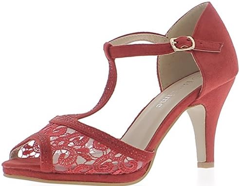 ChaussMoi Red Open Pumps with 8.5 cm Heel and Small Chainring Aspect Suede and Strass - 7