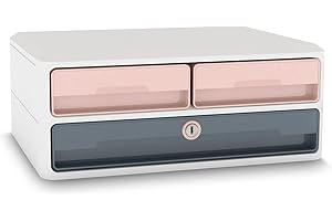 CEP Support d'écran PC ordinateur Module de Rangement 3 Tiroirs avec Serrure verrouillage Réhausseur de moniteur MoovUp Secure Mineral Rose poudré Gris