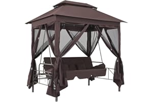 KOIECETA Pavillon Umwandelbare Schaukelbank Gartenschaukel mit Bettfunktion Hollywoodschaukel Hängeschaukel Gartenmöbel Liege Kaffeebraun