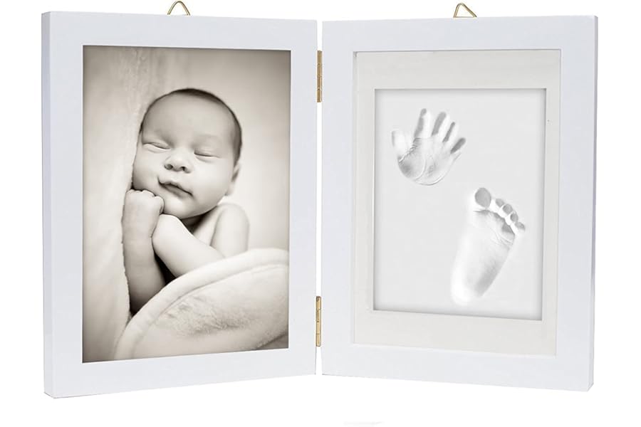 Chuckle Baby Hand and Footprint Kit - White Wooden Photo Frame (Fits 5x7 Pictures) with Air-Drying Clay, Roller and Instructions - Newborn Keepsake Gift for Baby Showers and New Mums