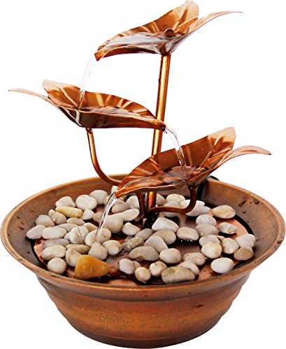 dobar 96420e Design Zimmerbrunnen mit Deko-Steinen, Blätter-Wasserspiel mit Pumpe für innen, Metall und Kunststoff, braun, 22.5 x 22.5 x 23.5 cm