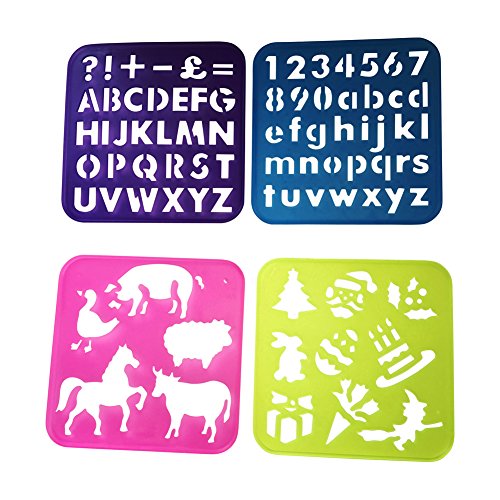 Jumbo Schablonen-Set, 34-tlg., inkl. 20 Malschablonen + Bastelschere + Block + 10 Buntstiften Inkl. praktischer Tragetasche. Zeichenschablonen, Schablonenmalerei, Stencil-Set - 4