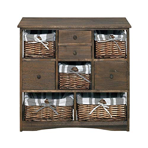 rebecca mobili Armario Cajonera Cómoda 9 Cajones Madera Mimbre Marron Vintage Casa de campo Cocina Salon (Cod. RE4021)