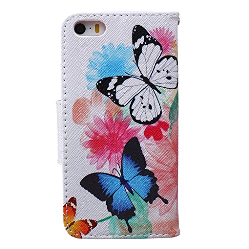 Mo-BeautyÂ® Apple iPhone 5 5S SE Leather Case [Free Tempered Glass Screen Protector],Full Body Colorful Pattern Design Flip PU Leather Wallet Card Slot Stand Case Cover For iPhone 5S/5/SE (Butterfly,Multicolor)