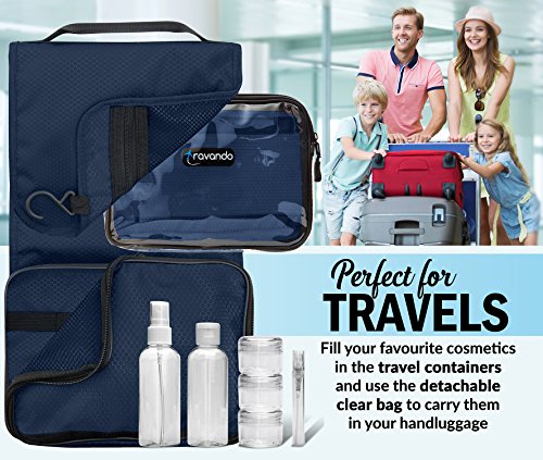 Travando ® Premium Kulturtasche zum Aufhängen + Transparente Reißverschlusstasche / Kosmetiktasche + 7 Flüssigkeiten-Behälter | Faltbarer Kulturbeutel für Herren , Damen - 4