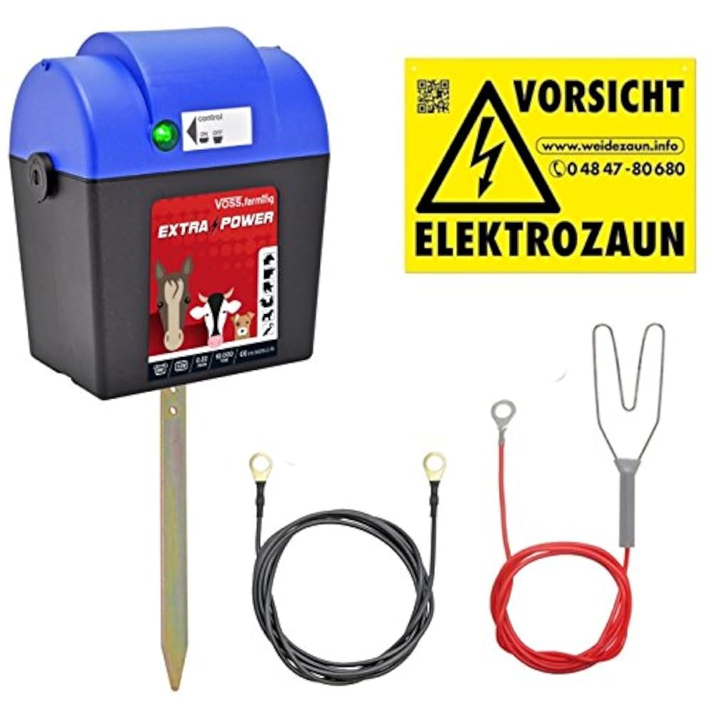 ANGEBOT: 9V Weidezaungerät Extra Power 9V von VOSS.farming mit Zubehör, mobiles Elektrozaungerät für Pferde, Kühe, Rinder und Schafe