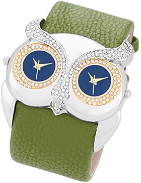 Taffstyle Damen Armbanduhr in Eulen Form mit Kristallen besetzt für 2 Zeitzohnen mit PU Leder - Grün
