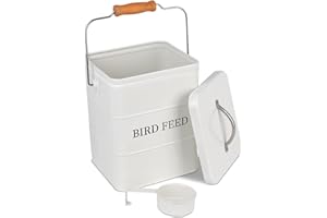 DEAYOU 2L Pet Food Storage Tin with Lid, Metal Bird Seed and Feed Container with Serving Scoop, Treats Storage Canister Bin Can for Dogs, Cats Food, Coated Carbon Steel, Tight Fitting Lid, White