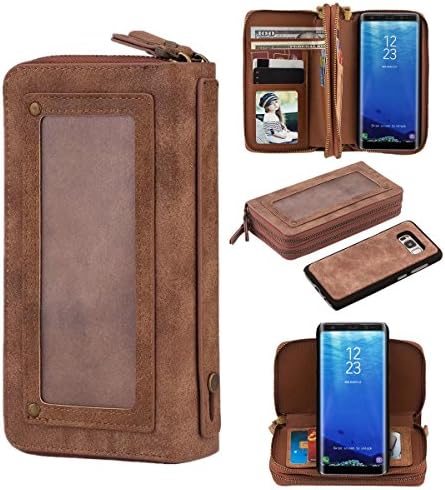 Case for Samsung Galaxy Detachable Wallet Cover with Mirror Wrist Strap Magnetic Slim Dual Zipper Pouch Folio Flip Leather Holster Card Slot Holder Case (Brown, For Samsung Galaxy S8 Plus)
