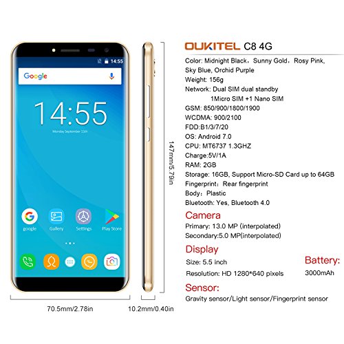 OUKITEL C8 4G Smartphone Ohne Vertrag 5,5 Zoll (18:9 VerhÃ¤ltnis Vollbild) 2.5D HD IPS Android 7.0 Dual SIM MT6737 Quad Core 2GB RAM+16GB ROM 3000mAh 13MP+5MP Kameras Fingerabdruck(Golden)