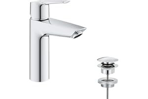 GROHE Start, Waschtischarmatur, wassersparend (Wasserhahn für das Bad, Badarmatur mit Pop-Up Ablauf, 19cm hoch, mit 3in1 Werkzeug, einfache Installation am Waschbecken), chrom, 24204002
