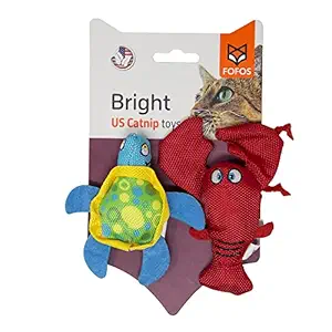 Barkbutler x Fofos Summer Cat Toy- Turtle with Lobster Cat Plush Chew Toy Set | US Grade Catnip Inside | Pack of 2 Plush Toys | for Kittens Above 6 Months + Older Cats | Durable Oxford Fabric
