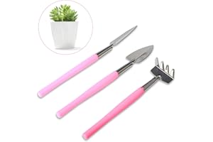 LuckyOpt 3-teiliges Mini-Gartengeräteset, Gartengeräte aus Edelstahl, Schaufel, Harke, Spaten, Gartenhandgeräte für Sukkulenten, Topfpflanzen, Blumen (Rosa)