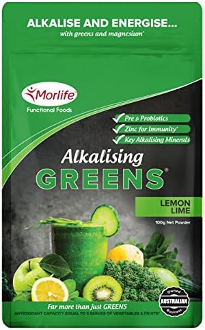 Morlife Alkalising Greens Lemon Lime 100g - 19 Super Greens, Fruits and Vegetables, Pre &amp; Probiotics, Key Alkalising Minerals, Vegan Greens Powder, 10 serves