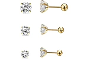 EUJEBEDA 3 Pares Pendientes Acero Quirurgico Hipoalergenicos, Piercing Circoniña Pendientes Brillantes Diamante, AAAAA+ Zircon, Mujeres Hombres Unisex, 3/4/5 mm,Oro