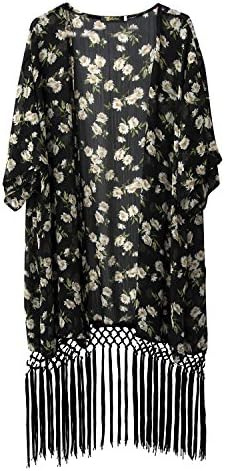 Yidarton Women's 3/4 Sleeve Floral Printed Chiffon Kimono Cardigan Tops Blouse (XL, Black-3)