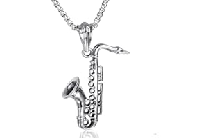 PikaLF Collana sassofono da uomo, collana sassofono Hip Hop, collana con ciondolo strumento musicale jazz con catena da 23,6", ciondolo sassofono punk rock in acciaio inossidabile, Acciaio