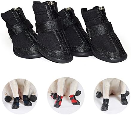 SUPEREX 4pcs Dogs Waterproof Boots, Outdoor Protective Sport Anti-slip Puppy Shoes with Adjustable Velcro Strap Zipper (Black, S)