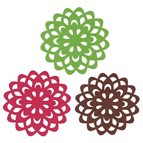 YOKIRIN 3x PVC Silikon Untersetzer aus Filz für Tisch und Bar als Glasuntersetzer / Getränkeuntersetzer für Glas und Gläser Rot + Grün + Braun(Durchmesser:9.5cm)