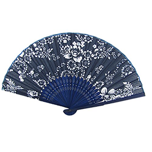 sourcingmap® Weiße Blumen Muster Umklappbar Klein Dunkelblau Hand Fächer