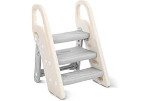 Onasti Foldable Step Stool for Kids, 2 Steps - 3 Steps Height Adjustable Toddler Step Stool, Toilet Steps for Potty Training, Learning Tower with Handle for Bathroom, Bedroom, Kitchen (Grey)