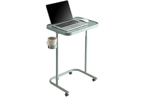 Keepo Metal TV Tray with Wheels/Casters, Side End Table, Adjustable Meal Tray, Folding Laptop Table with 3 Heights, 0 to 90 Degrees Tilt Angles, Portable Over Bed & Sofa Stand Desk (Gray Green)