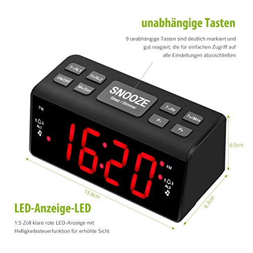 Radiowecker, HoLife FM/AM Uhrenradio Digitales Uhren-Radio LED Wecker Dual-Wecker Schlummerfunktion(UKW-Radio, Dual-Alarm, Dimmbar, Snooze, Batterie-Backup, Schwarz) - 3