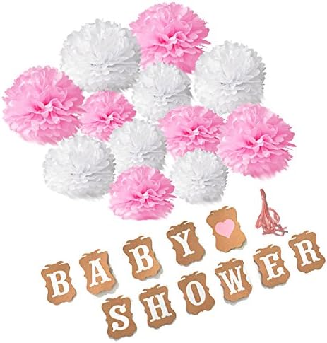 Recosis Baby Shower Paper Garland Bunting Banner with 12pcs Paper Pom Poms for Christening Baby Shower Decoration Birthday Party Favors - Pink