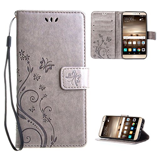 Huawei Mate 9 Funda Gris   Leathlux Libro Suave PU Leather Cuero impresi  n - Leathlux Case Con Flip case cover Cierre Magn  tico Funci  n de Soporte Billetera con Tapa para Tarjetas-Dise  o de Mariposa y flor de la vid para Huawei Mate 9 5 9 
