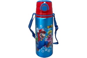 CARTOON Borraccia in alluminio con cannuccia Super Mario 730 ml bottiglia con apertura automatica pop-up per bambini tracolla in dotazione