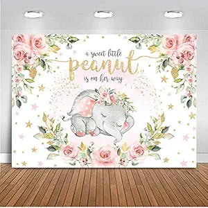 Mocsicka Baby Girl Elephant Baby Shower Backdrop Pink Floral Sweet Little Peanut is on Her Way Photo Backdrops Cute Elephant Party Cake Table Photography Background (7x5ft)