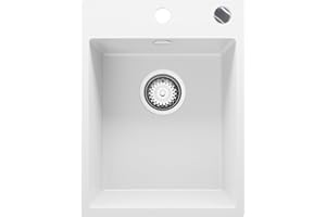 Évier Cusine en Granit Blanc 38x50 cm, Lavabo Cuisine 1 Bac + Kit de Vidage, Évier au meuble 40cm, Évier à Encastrer de Primagran