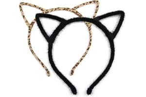 ROWJOW 2pcs Halloween Fancy Dress Accessories Cat Ears Headbands for Adults Kids Women Girls, Black & Leopard Print Furry Cat Ears Hair Bands Hair Hoops for Fancy Dress Cosplay Party Daily Decorations