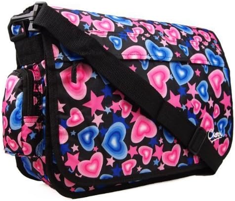 Brand New Girls Womens Love Hearts Uni School College Messenger Satchel Shoulder Bag (Black / Blue / Pink Hearts)