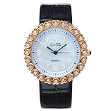 JSDDE Uhren,Elegante Frauen Armbanduhr Herz Strass Damenuhr mit Muschel Echtlede