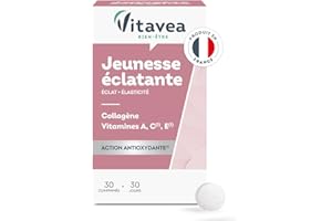 VITAVEA BIEN-ETRE Vitavea - Jeunesse éclatante - Collagène, Vitamine C, Vitamine E et Vitamine A - Complément alimentaire peau - Beauté de la peau, éclat et jeunesse - 30 comprimés - Cure 1 mois - Fabriqué en France