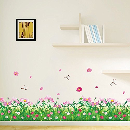 Ecloud Shop® Schöne rosa Blumen Grün Gras mit Schmetterlingen Wandtattoo Wandbilder Startseite Kunstdekor Peel Stock Wand Aufkleber für die Wall Corner Kinderzimmer Schlafzimmer Wohnzimmer Büros Kinderzimmer Raum Klassenzimmer