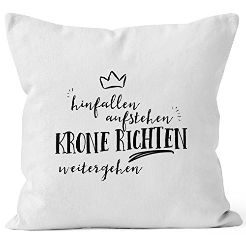 Kissenbezug mit Spruch, hinfallen aufstehen Krone richten weitergehen, Kissen-Hülle aus Baumwolle 40x40, Baumwolle Moonworks® weiß unisize
