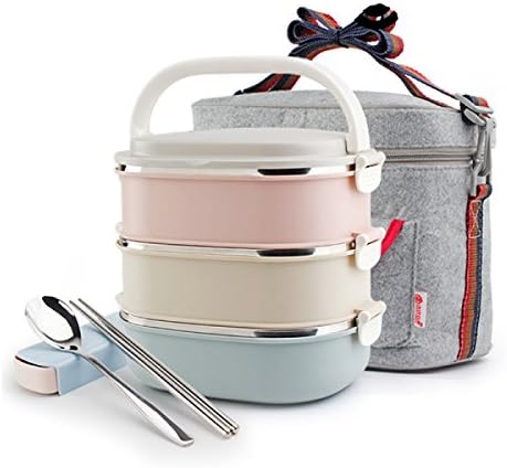 Stainless Steel Square Lunch Box Lock Container Bag Spoon And Chopsticks Set Heat / Cold Insulated Kids Students For A Office Snack Food Storage Boxes (3-Tier)