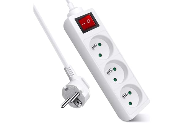 Extrastar Multiprise 3 Prises avec Interrupteur, 2P + T, Bloc 3 Prises avec sécurité Enfant, Extension d'alimentation de 1.5 Mètre, 16A 230 V, Blanc