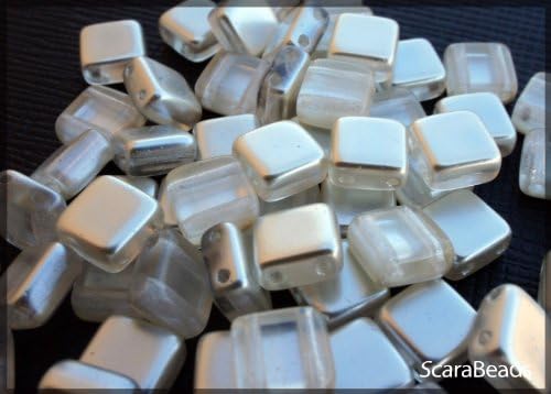 40 Pieces Czech Pressed Glass Beads Tile 6x6x3.2mm, Two Holes, Pearl Coating Estrela, Ivory