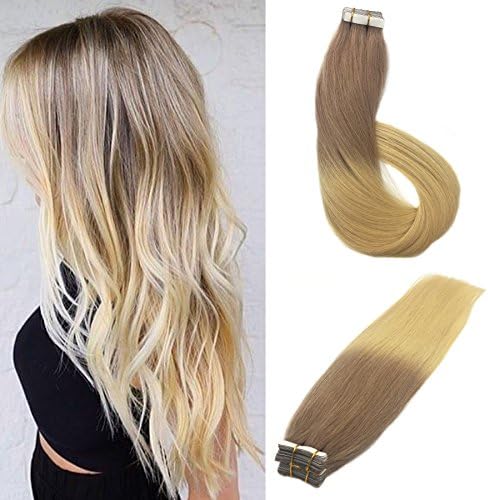 Doores Tape Hair Extensions Blonde Ombre Human Hair Balayage Ash Blonde #18 Fading to Light blonde # 613 Remy Tape In Hair Extensions 16" 50g/20pcs
