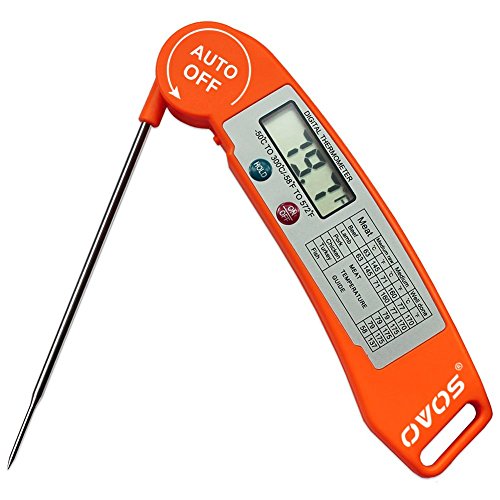 OVOS Ultra Schnelles Koch-Thermometer - Digitales Thermometer mit einklappbaren Stiel für alle flüssigen oder festen Nahrungsmittel geeigent - Fleischthermometer für Grill, Pfanne und Backofen (orange)